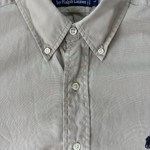 VTG Polo Ralph Lauren Mens Shirt Large Beige Button Down Short Sleeve Preppy Y2K - Picture 6 of 15